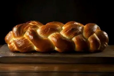 Delicious braided challah bread showcasing a shiny, golden-brown crust, perfect for baking and special occasions. Ideal for cake decorating supplies and bread making enthusiasts.
