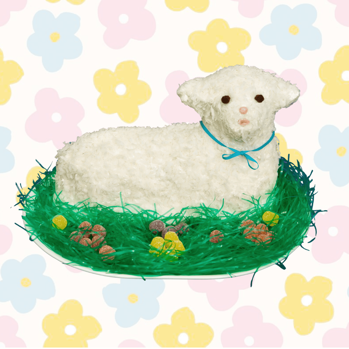 Easter lamb cake decorated with coconut and chocolate eyes, perfect for Family Day celebrations inspired by Martha Stewart. Ideal for Easter desserts and cake decorating supplies.