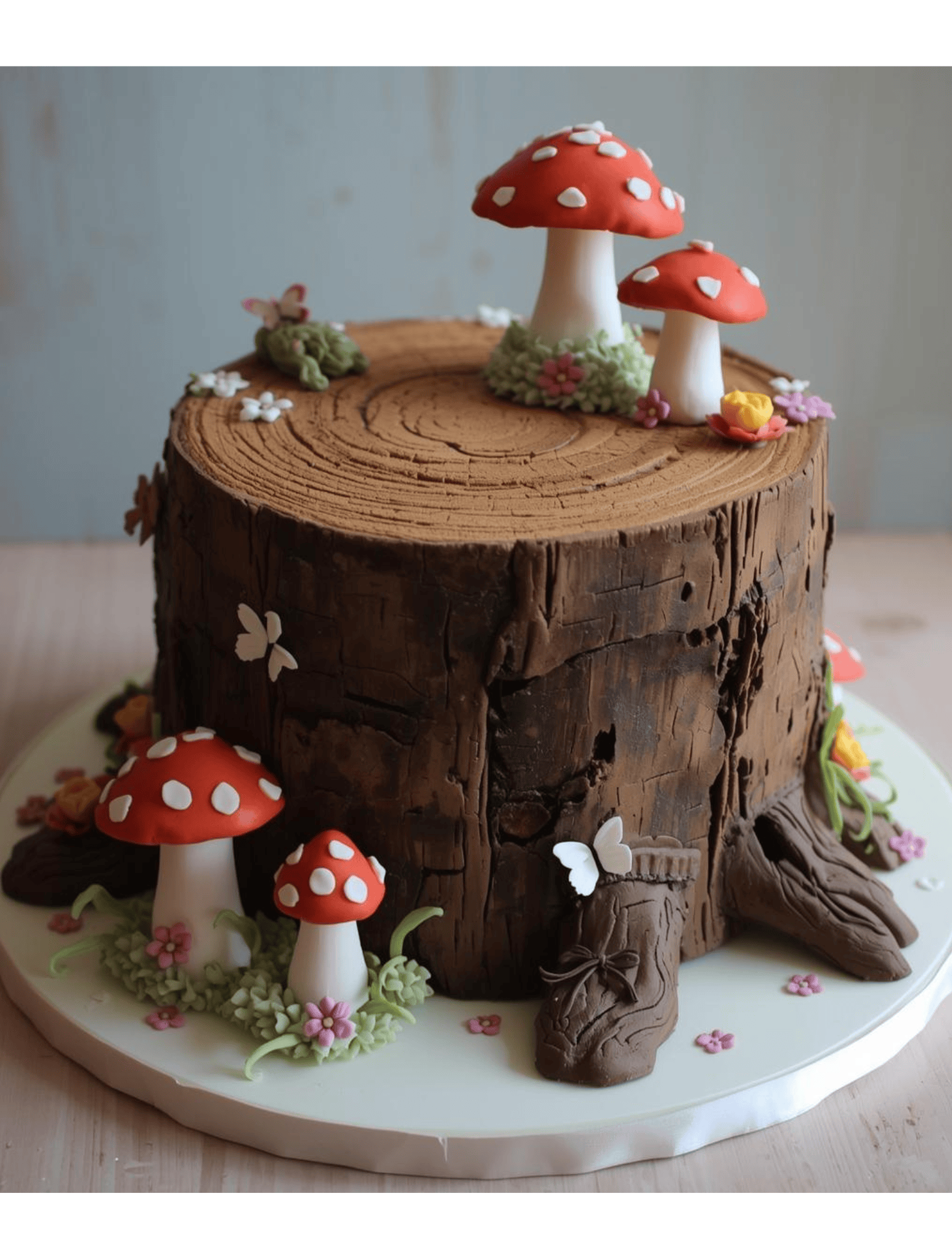 Decorative fondant mushrooms on a cake resembling a tree trunk, part of the Fondant Log Cake Series. Perfect for nature-themed celebrations and cake decorating enthusiasts.