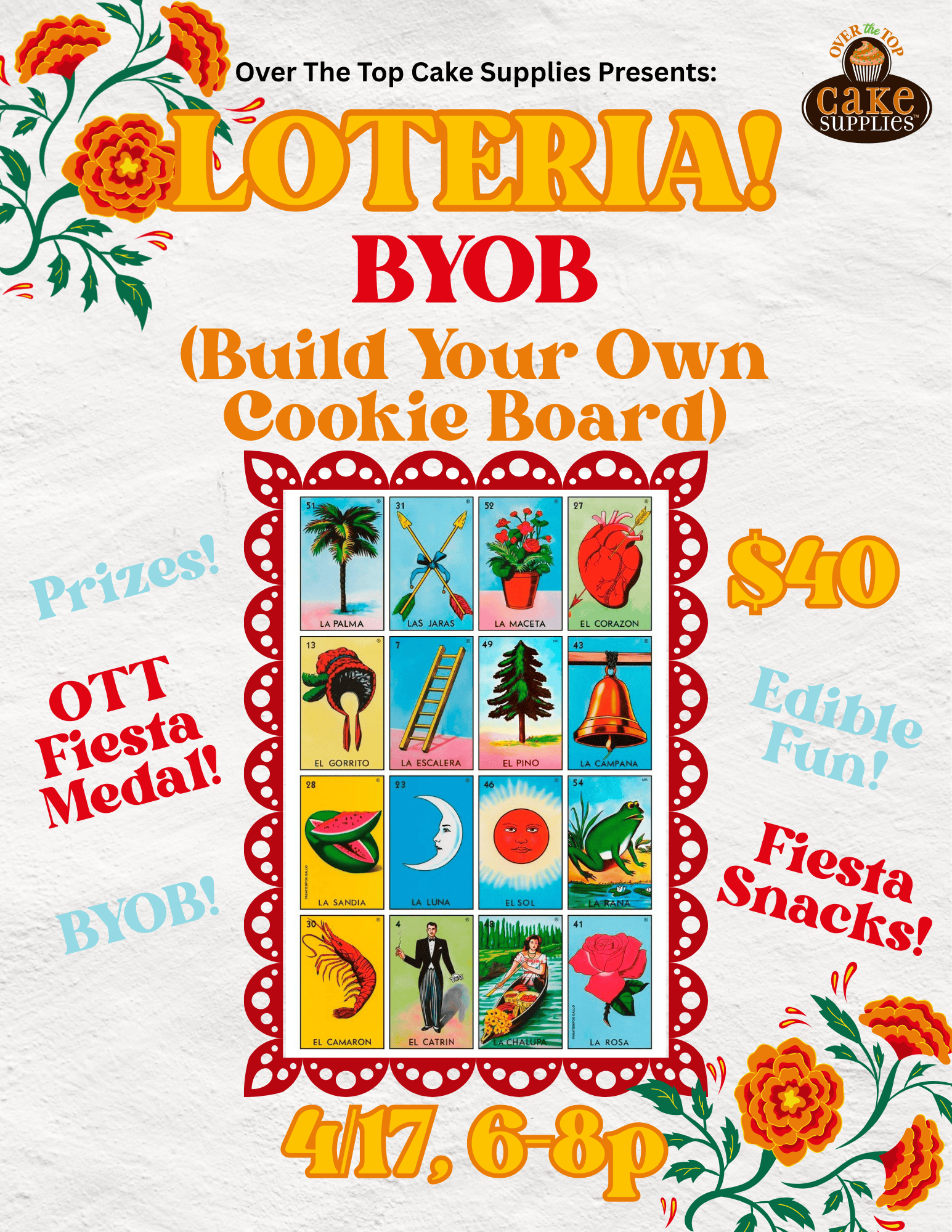 Loteria Fiesta themed cookie board for OTT Fiesta event, featuring colorful images of traditional Mexican symbols and characters, perfect for BYOB cookie decorating parties.