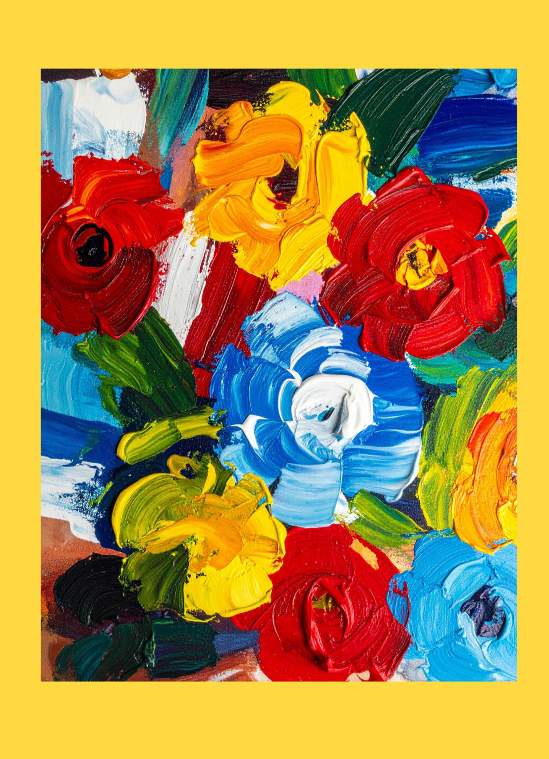 Vibrant palette knife floral cake decoration with bold red, yellow, blue, and white flowers, perfect for cake decorating supplies.