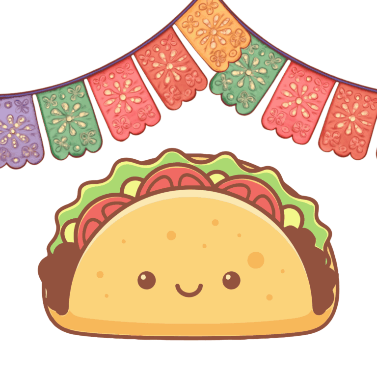 An adorable taco cake decorated with colorful toppings and a cheerful face, perfect for themed celebrations. Features vibrant papel picado banners hanging above, ideal for cake decorating supplies.