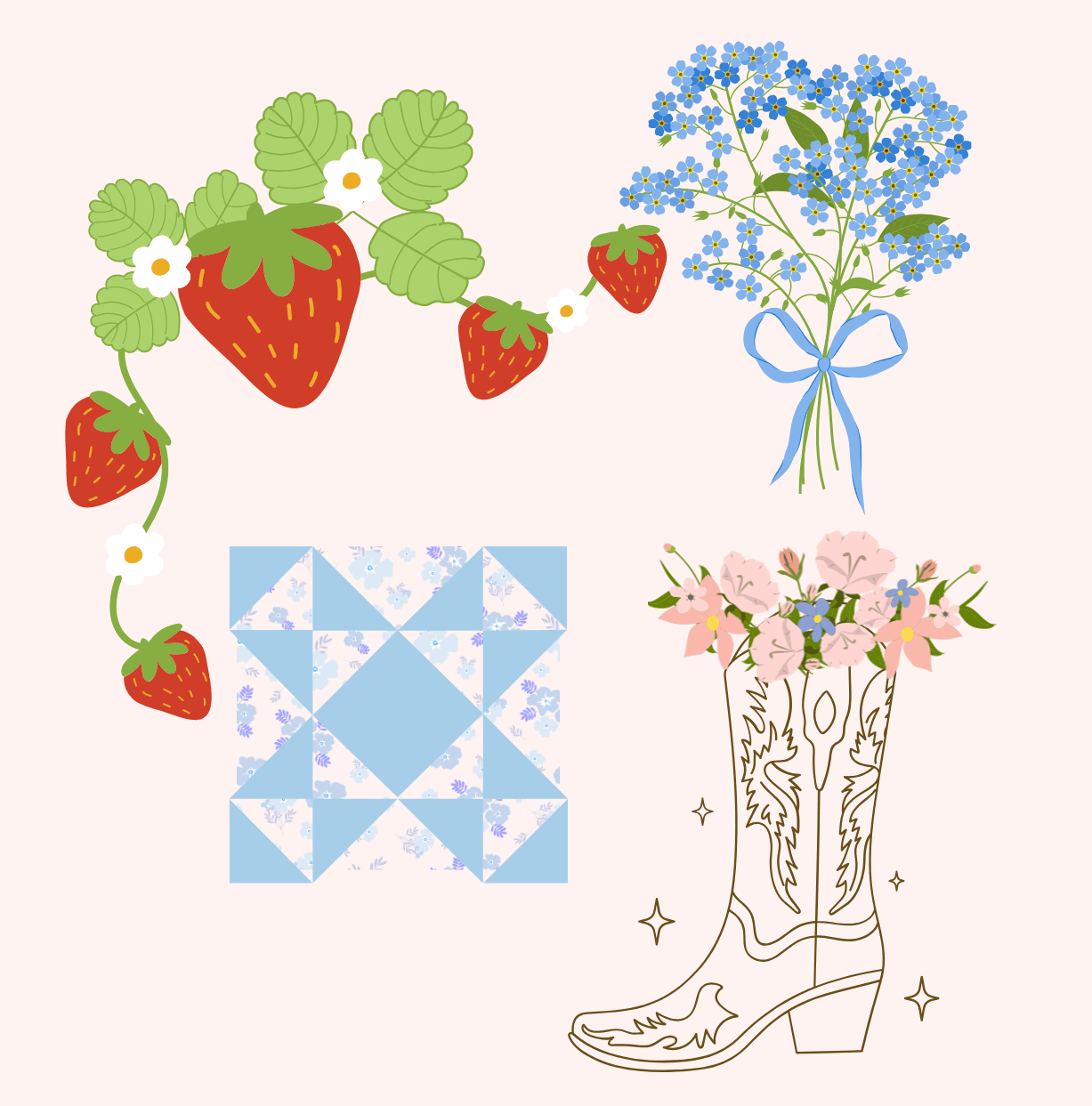Decorative strawberry and floral cookies for Texas Strawberry Cookies theme, featuring fresh strawberries, blue flowers, and pink blossoms in a country-style boot.