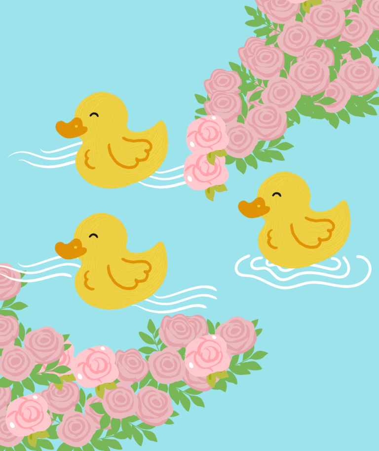 Vintage Duck Pond Cake Duck pond cake with floating rubber ducks and pink roses.