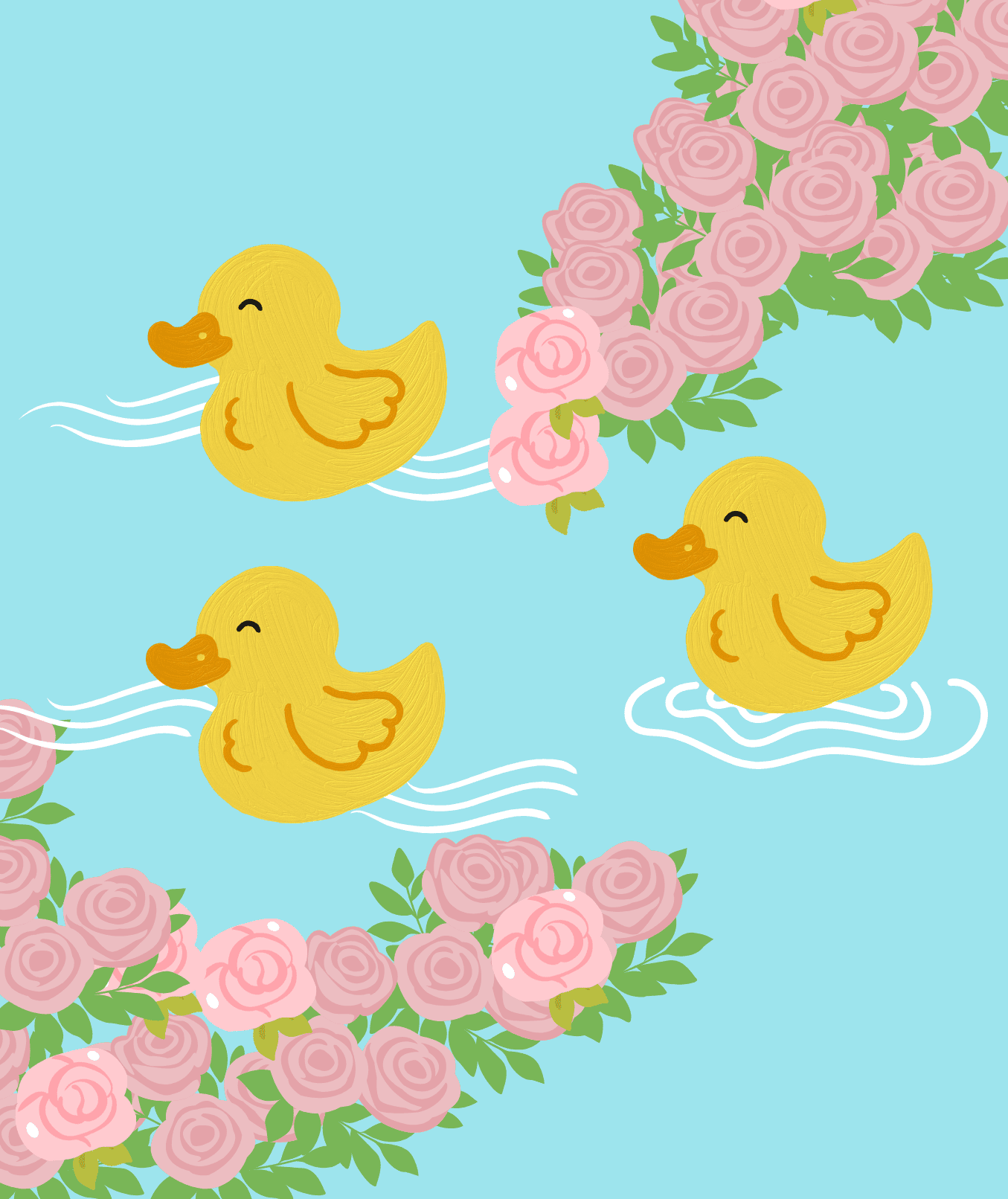 Duck pond cake with floating rubber ducks and pink roses.