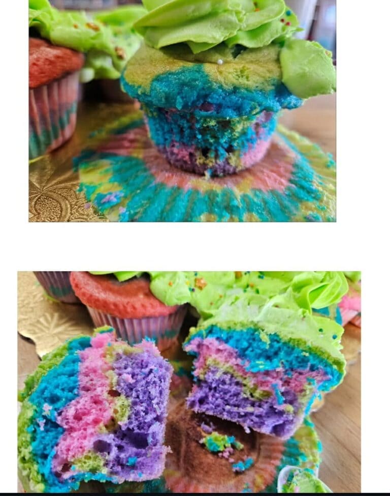 Rainbow tie-dye cupcake with vibrant green frosting, perfect for colorful baking parties. Made with high-quality cake supplies, ideal for decorating and creating fun, eye-catching cupcakes.