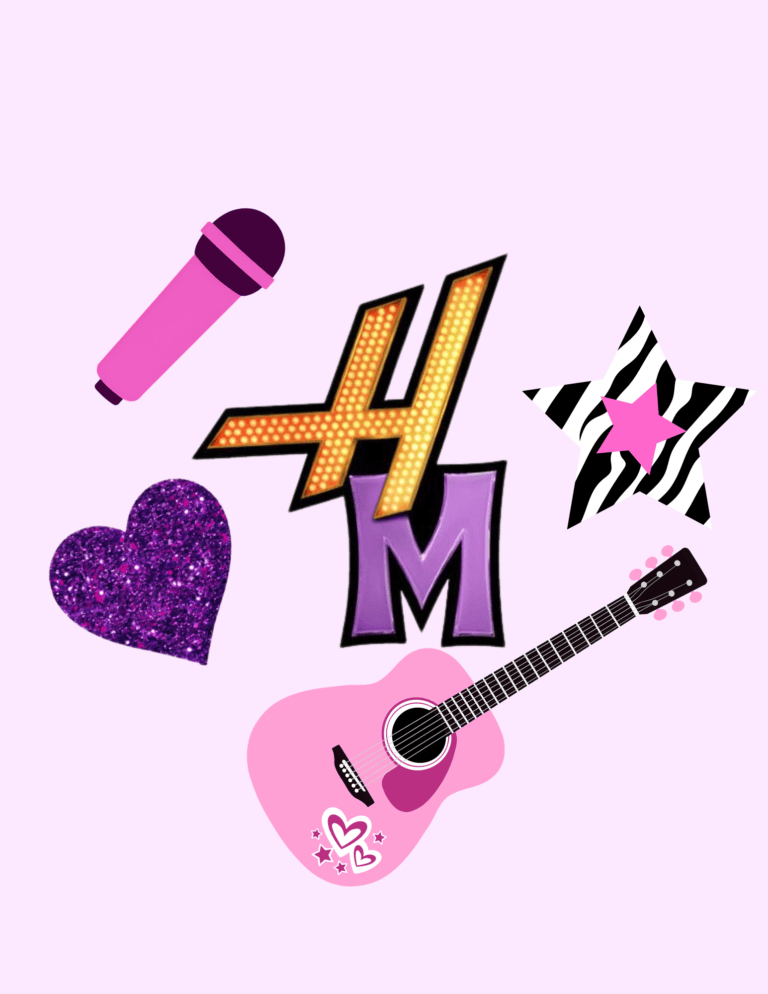 Hannah Montana Heart Cake Topper Bright pink microphone, glittery purple heart, star with pink center, and pink guitar for Hannah Montana-themed cake decoration.