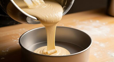 Pouring smooth cake batter into a round baking pan for basic cake baking, showcasing essential baking techniques.