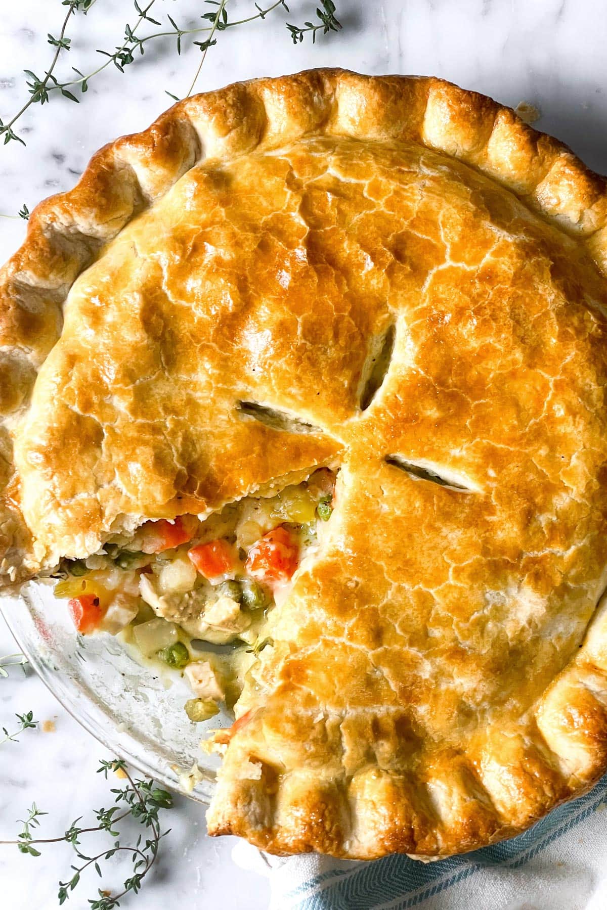 Delicious homemade herbed chicken pot pie with golden, flaky crust, perfect for baking enthusiasts and pie lovers.
