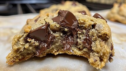 Close-up of a chocolate chip cookie with a gooey, rich chocolate center, inspired by Levain NYC's signature cookie series, showcasing a decadent treat perfect for cookie lovers.
