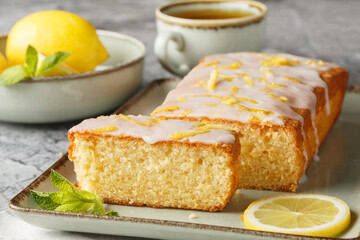 Delicious sweet lemon loaf cake topped with glaze, perfect for baking enthusiasts and cake decorators. Ideal for creating Starbucks-inspired desserts using quality cake supplies.