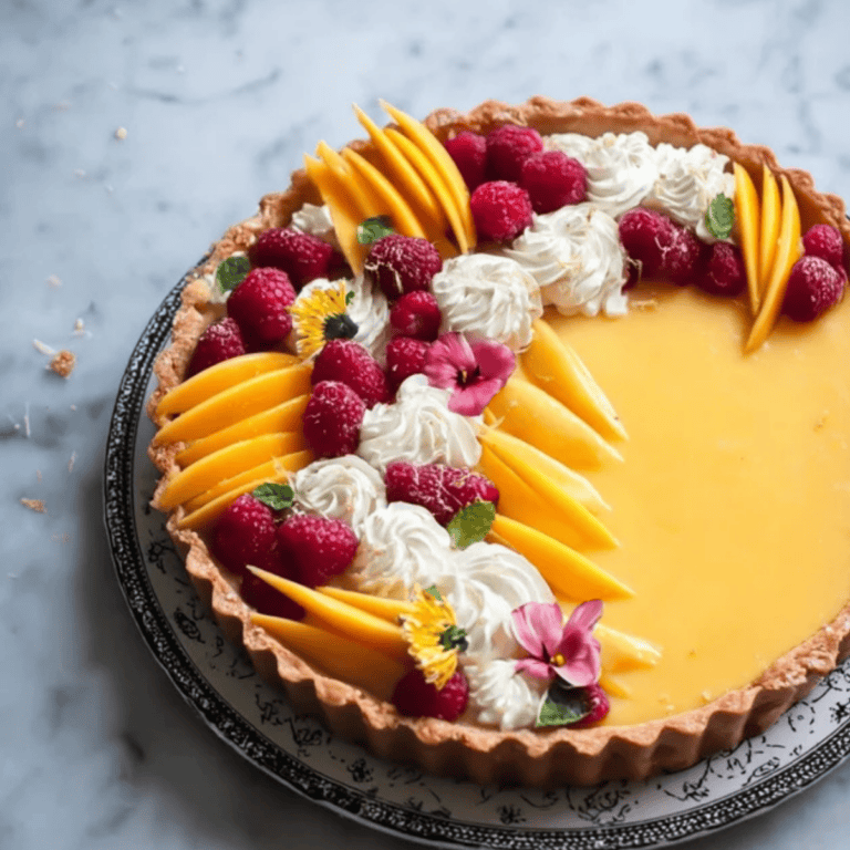 Delicious tropical mango curd fruit tart decorated with fresh raspberries, whipped cream, and edible flowers, perfect for summer desserts and cake decorating supplies.