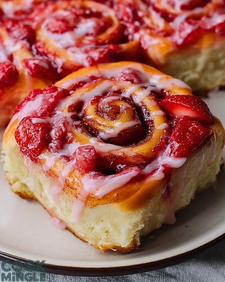 Delicious strawberry cinnamon rolls topped with fresh strawberries and drizzled with icing, perfect for breakfast or dessert. Made with soft, fluffy dough and a sweet cinnamon filling.