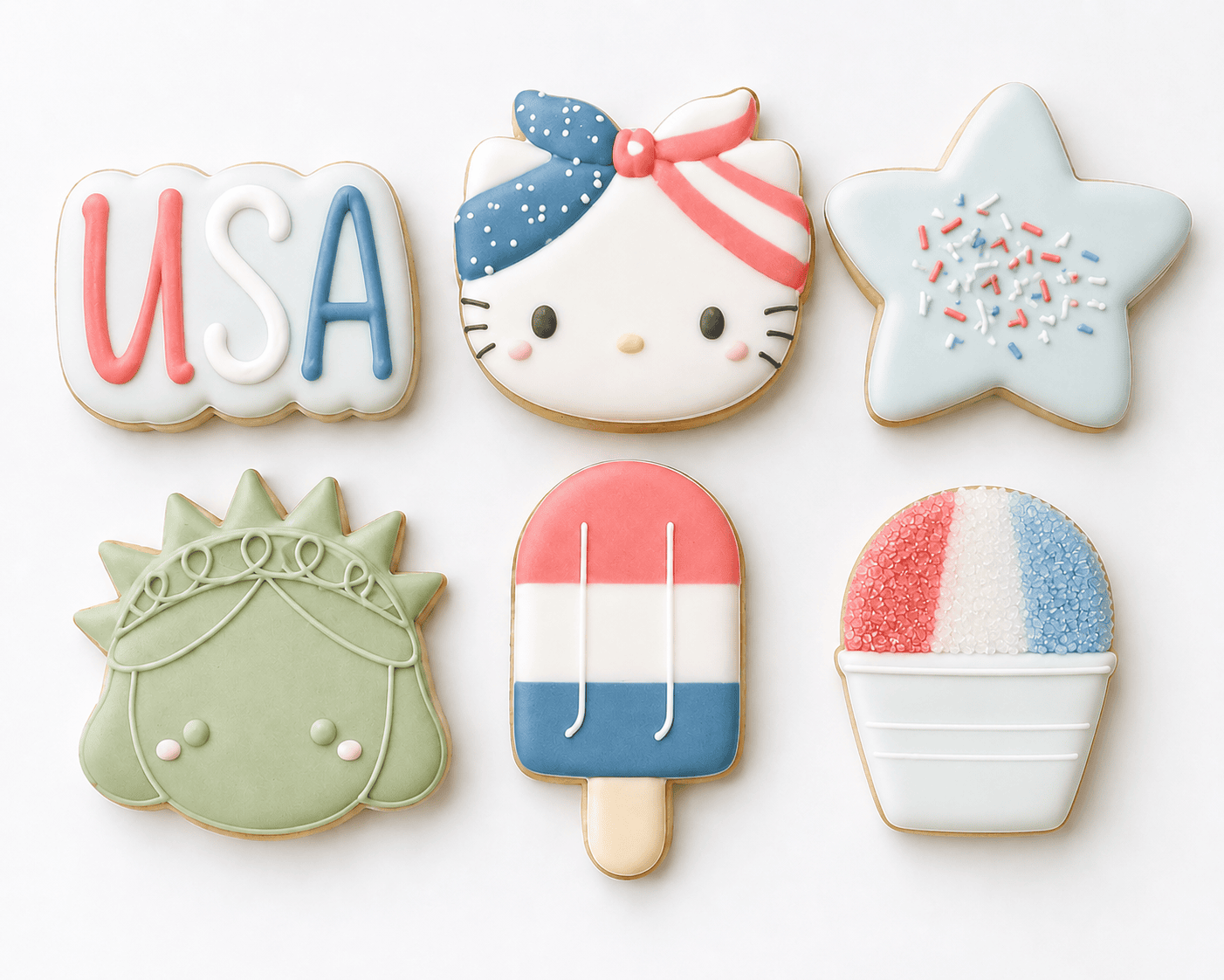 Festive cookies decorated with USA, Hello Kitty, star, crown, popsicle, and ice cream themes, perfect for cake decorating and baking supplies.