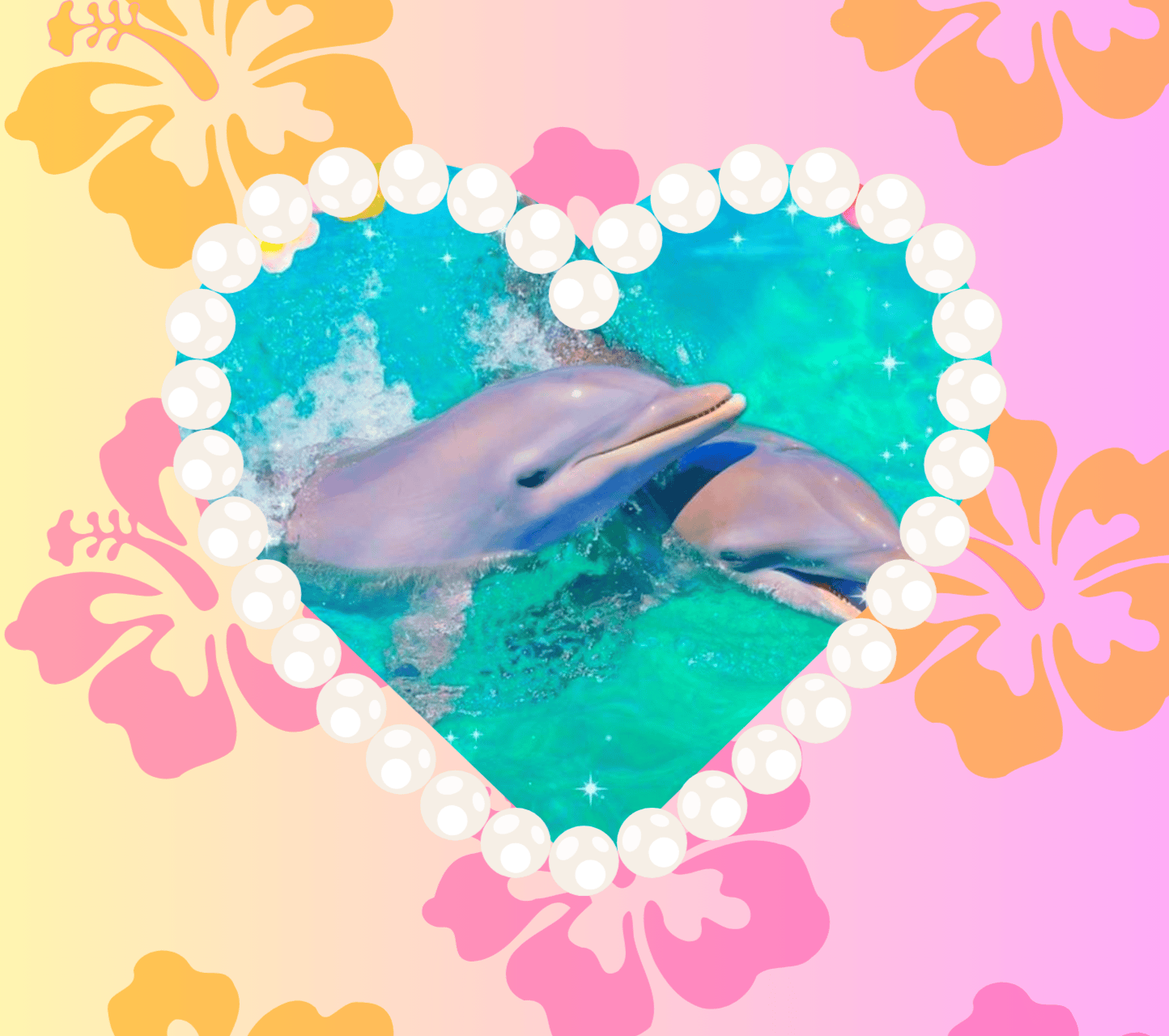 Dolphins jumping out of the water inside a heart-shaped frame decorated with pearls, creating a charming aquatic scene perfect for ocean-themed cake decorations.