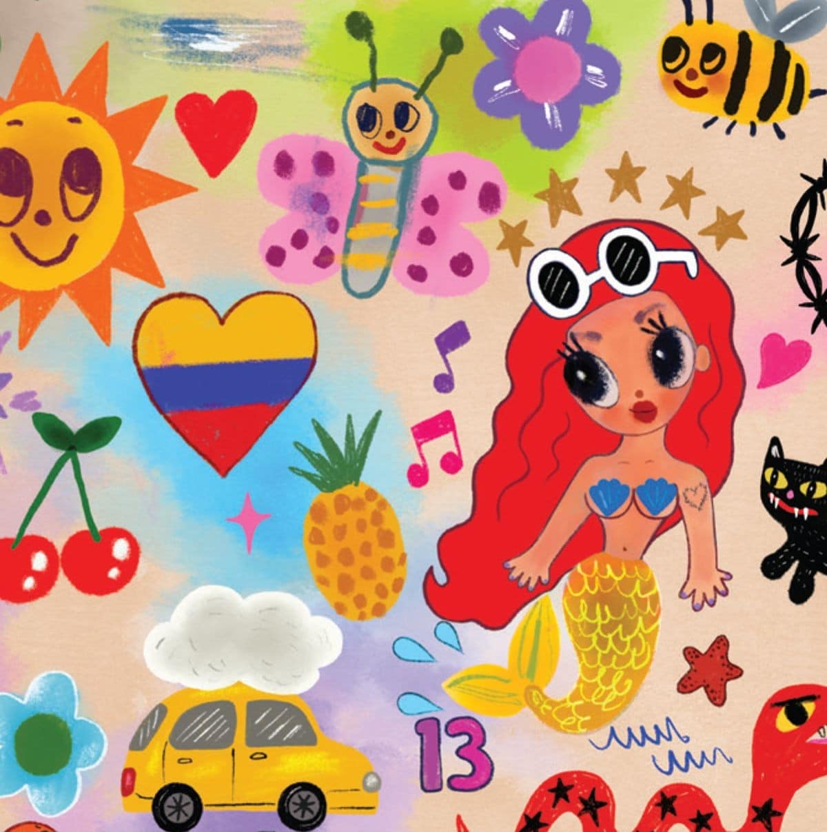 Colorful illustration of a sun, mermaid girl, and various playful elements perfect for cake decorating. Bright, whimsical design ideal for children's birthday cakes and celebration themes.