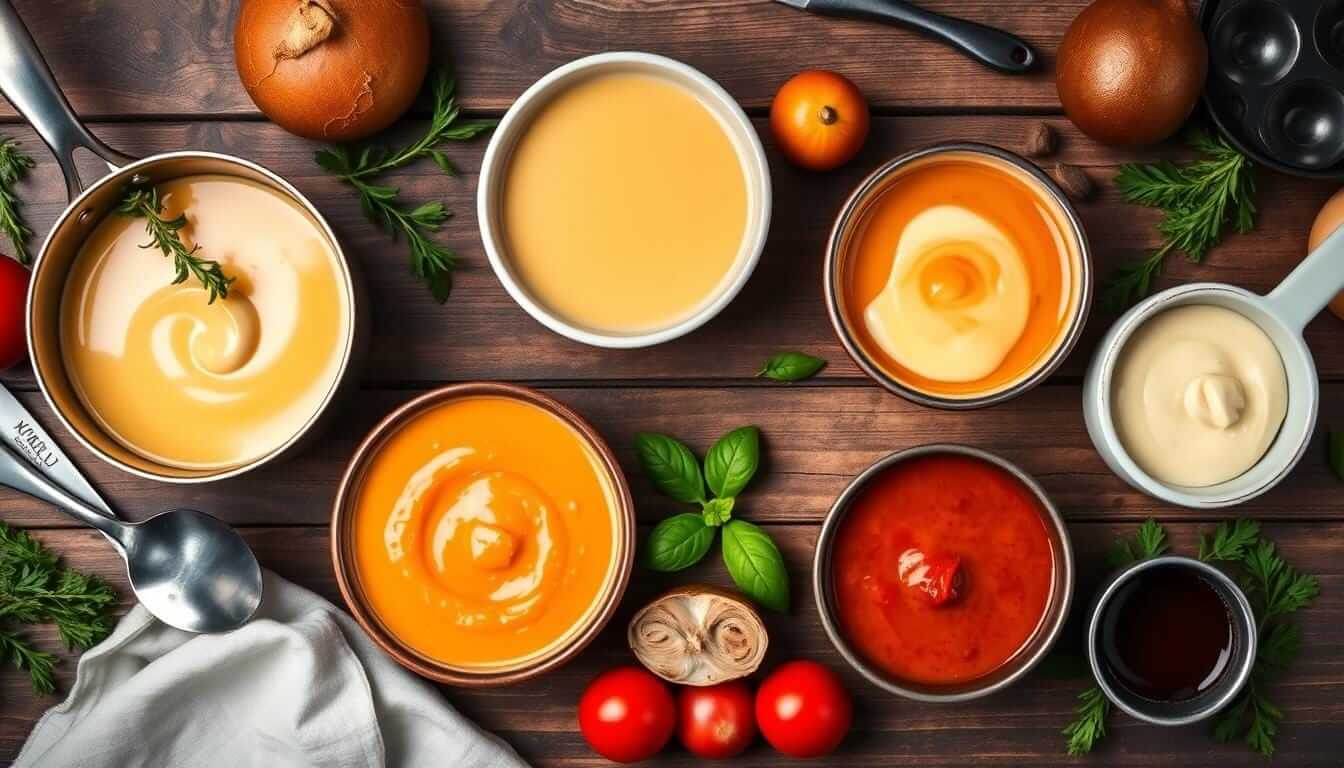 Assorted creamy sauces and fresh ingredients for cake decorating, including herbs, vegetables, and sauces on a rustic wooden surface.