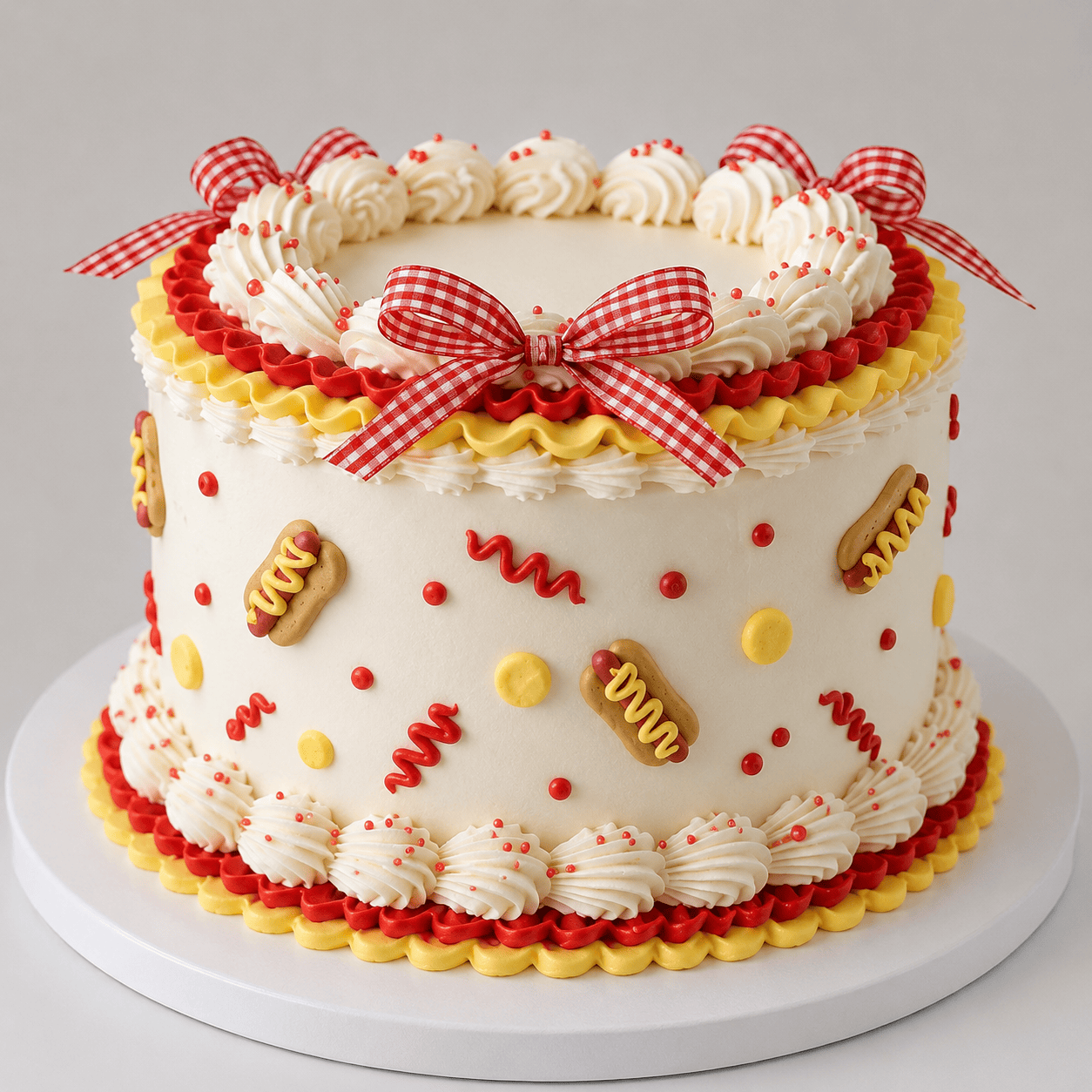 A festive cake decorated with red and white icing, ribbons, and small cookie toppers, perfect for birthdays or special occasions.
