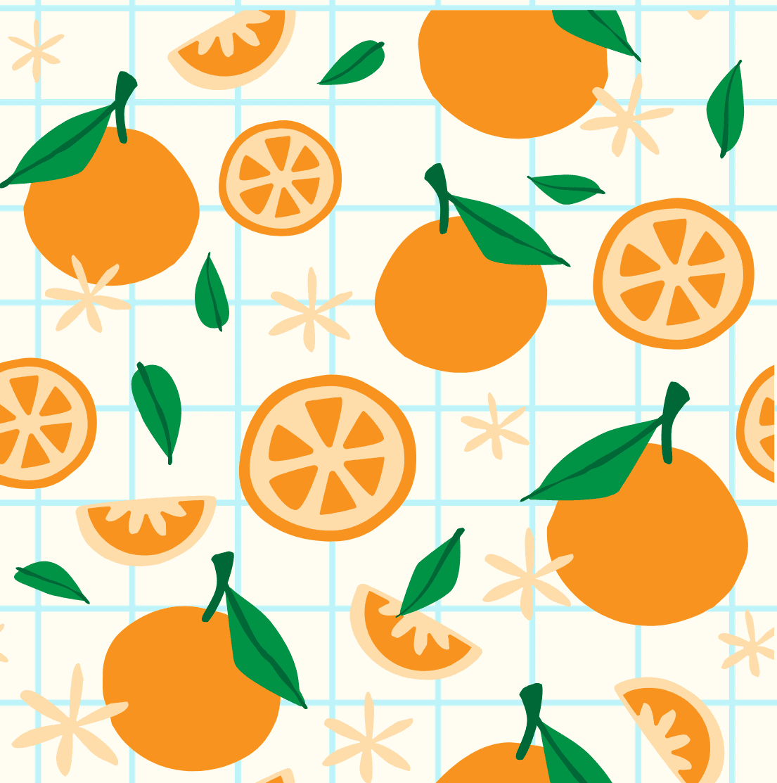 Bright orange vintage-style citrus fruit pattern with oranges, slices, leaves, and flowers, perfect for cake decorating and baking supplies.