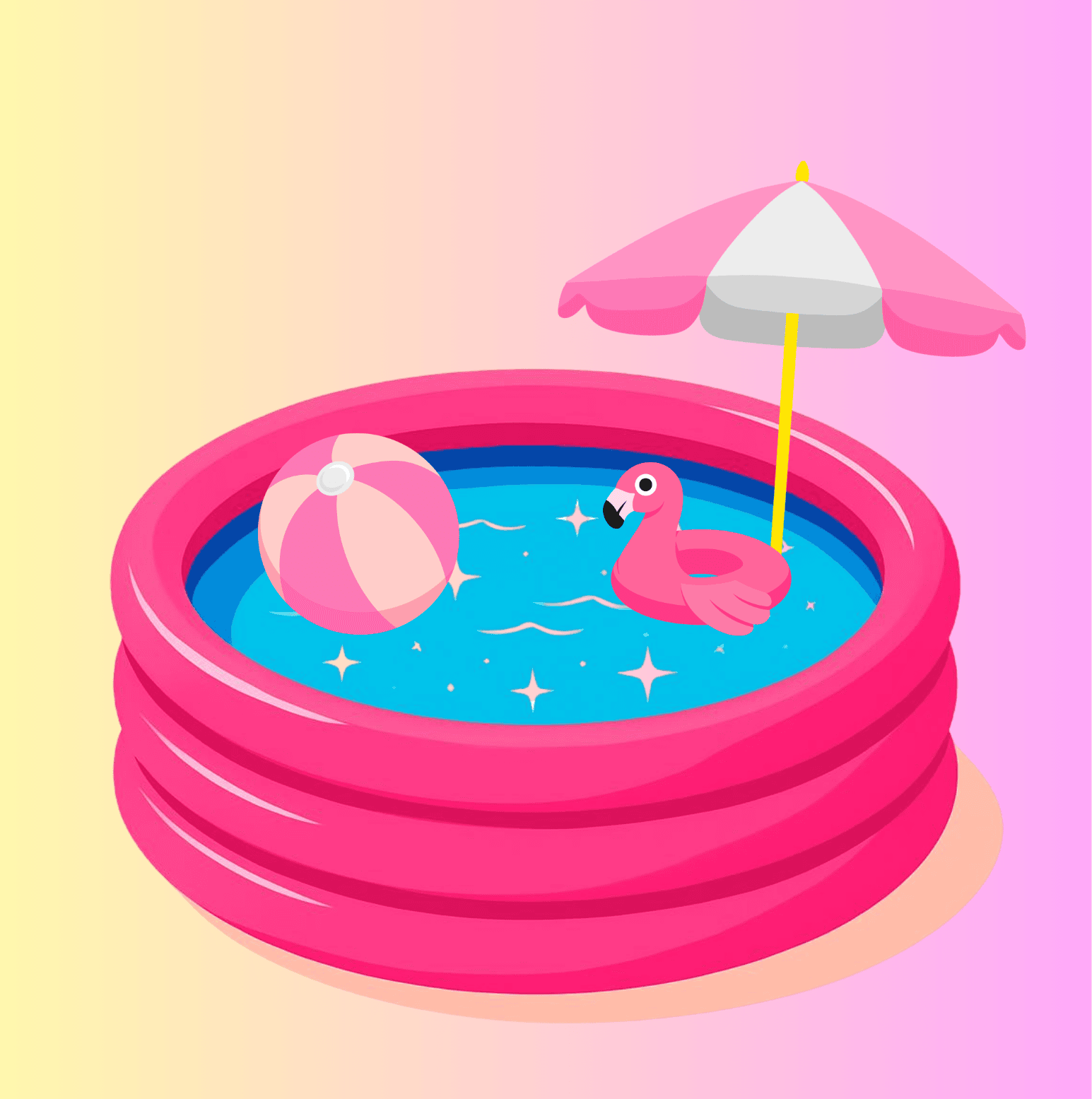Bright pink inflatable kiddie pool with a pink flamingo float, a beach ball, and a colorful umbrella, perfect for summer fun and outdoor activities.