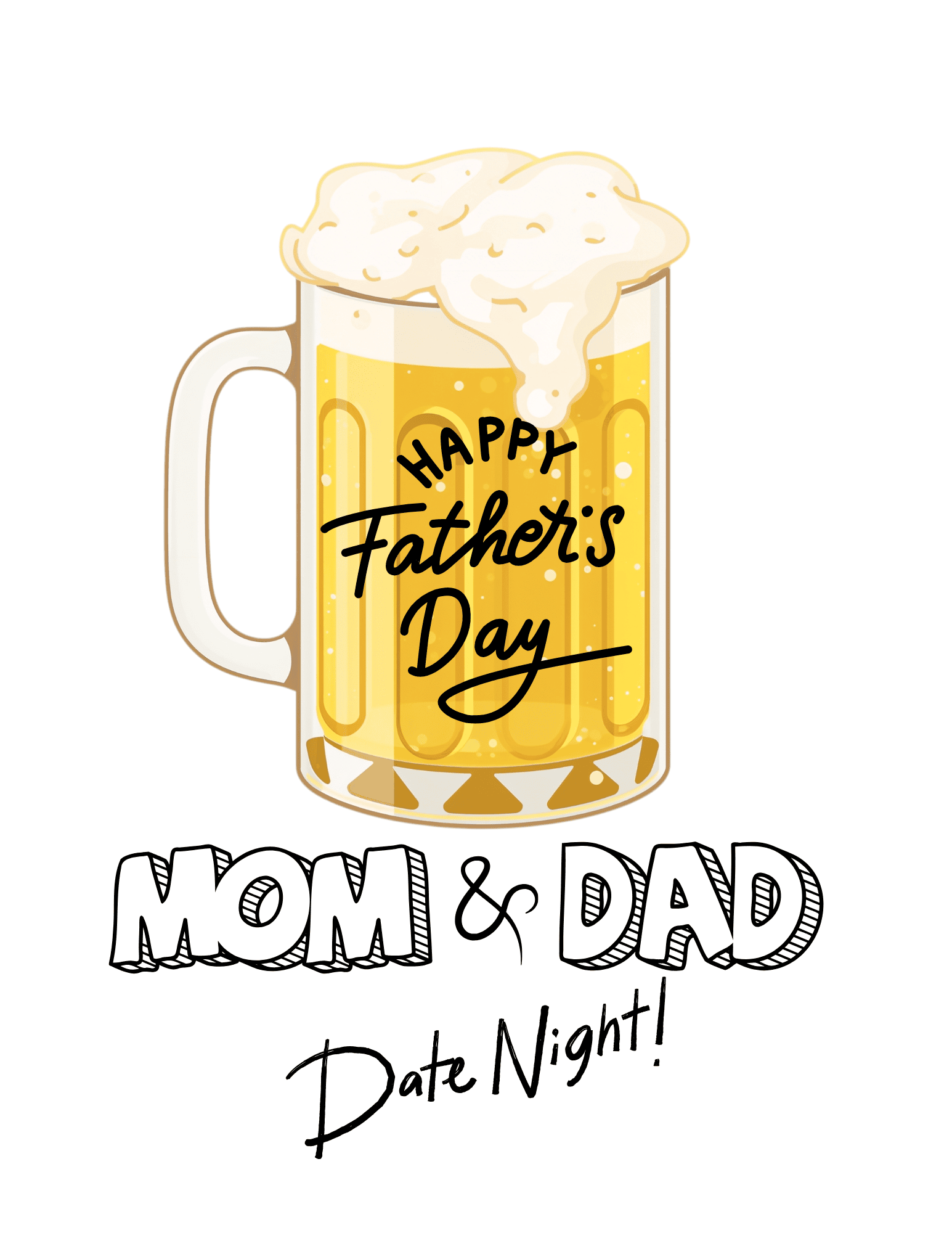 Festive cake topper featuring a beer mug with foam, celebrating Father's Day with "Happy Father's Day" and "Mom & Dad" messages, perfect for cake decorating.
