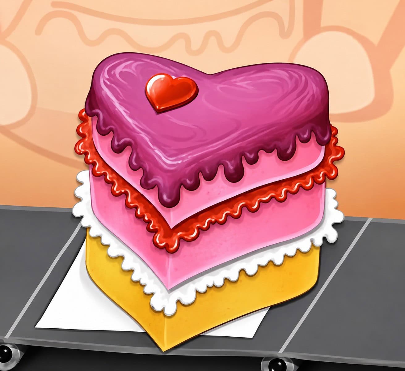 Heart-shaped layered cake decorated with pink and purple icing, featuring a small red heart on top, perfect for romantic celebrations or special occasions.