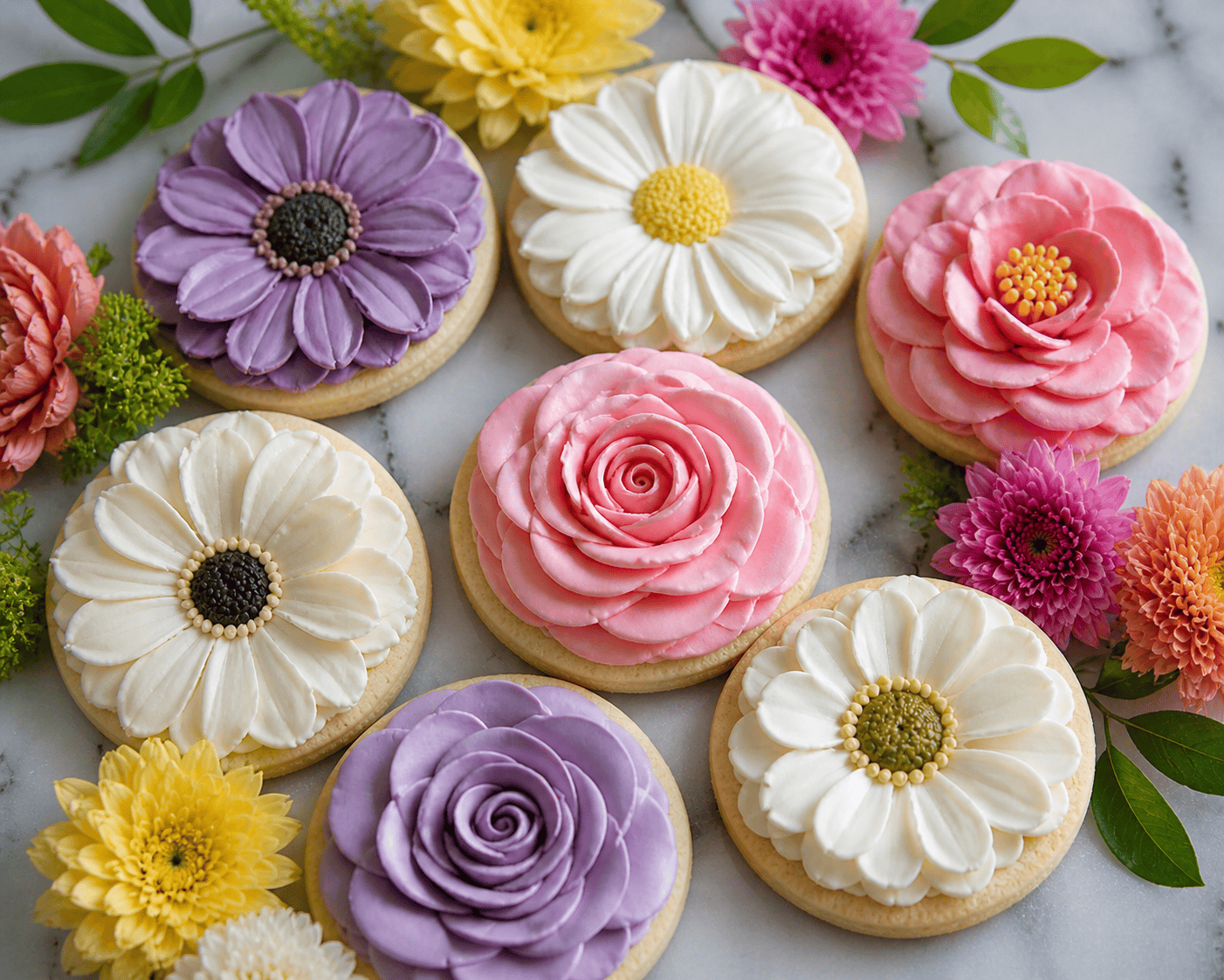 Assorted beautifully crafted royal icing floral cookies in pastel colors, perfect for cake decorating and cake supply enthusiasts.