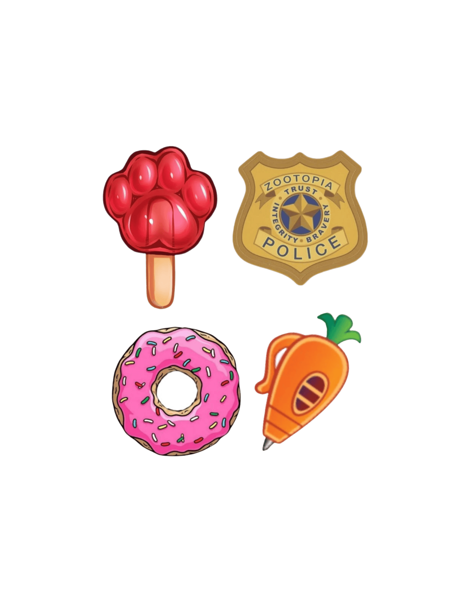 Colorful Zootopia-themed cookie decorations including paw print, police badge, donut, and carrot, perfect for kids' camp baking activities and cake decorating supplies.