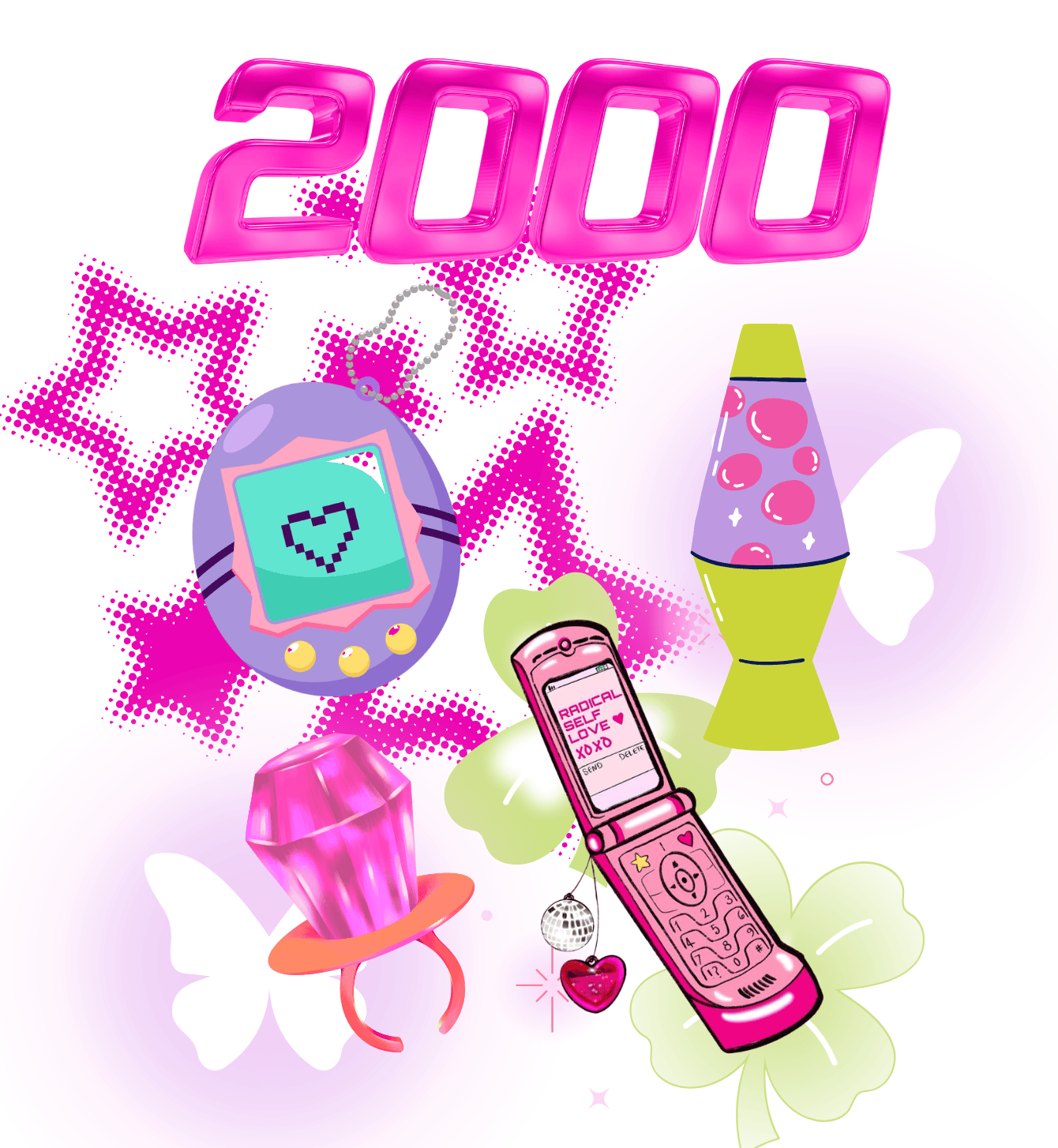 Bright pink digital toy phone with heart screen, surrounded by lava lamp, stars, and butterflies, emphasizing fun and celebration for cake decorating supplies.