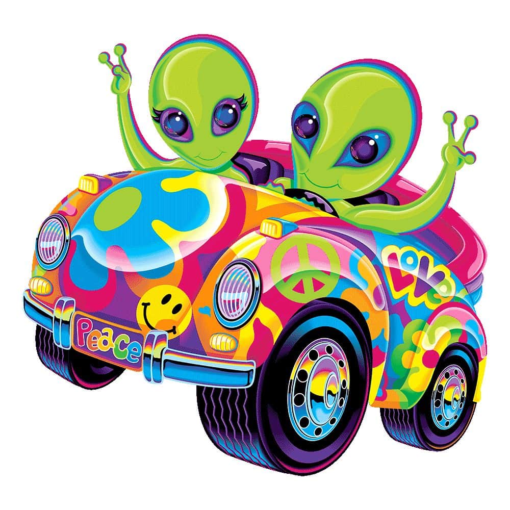 Vibrant alien-themed cake topper featuring two green aliens in a psychedelic car with peace signs and smiley faces, perfect for space or alien-themed celebrations.