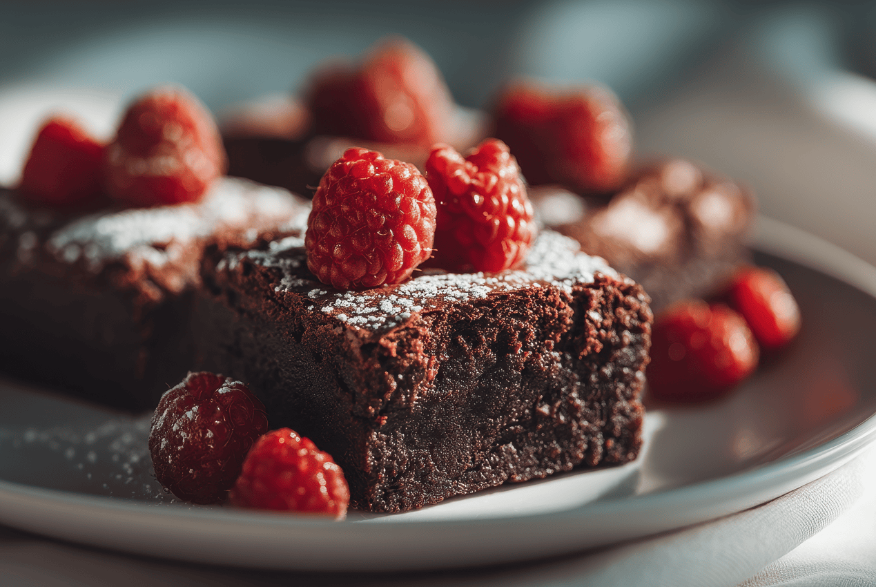 Chocolate brownie topped with fresh raspberries and powdered sugar.