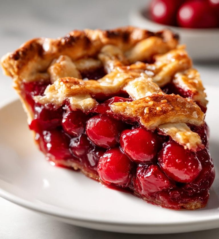 Fresh cherry pie with lattice crust, showcasing vibrant red cherries and golden-brown crust, perfect for baking and decorating with high-quality cake supplies.