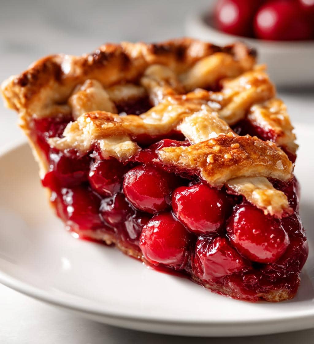Fresh cherry pie with lattice crust, showcasing vibrant red cherries and golden-brown crust, perfect for baking and decorating with high-quality cake supplies.