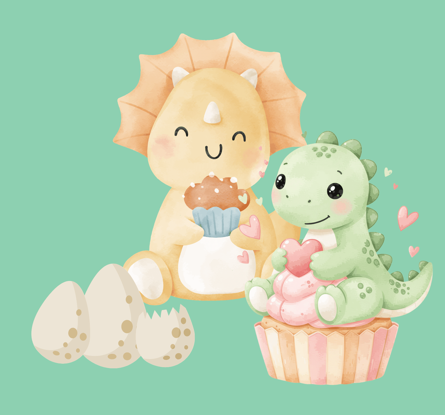 Cute dinosaur and triceratops cupcakes with pastel colors, perfect for Family Day celebrations and themed cake supplies.