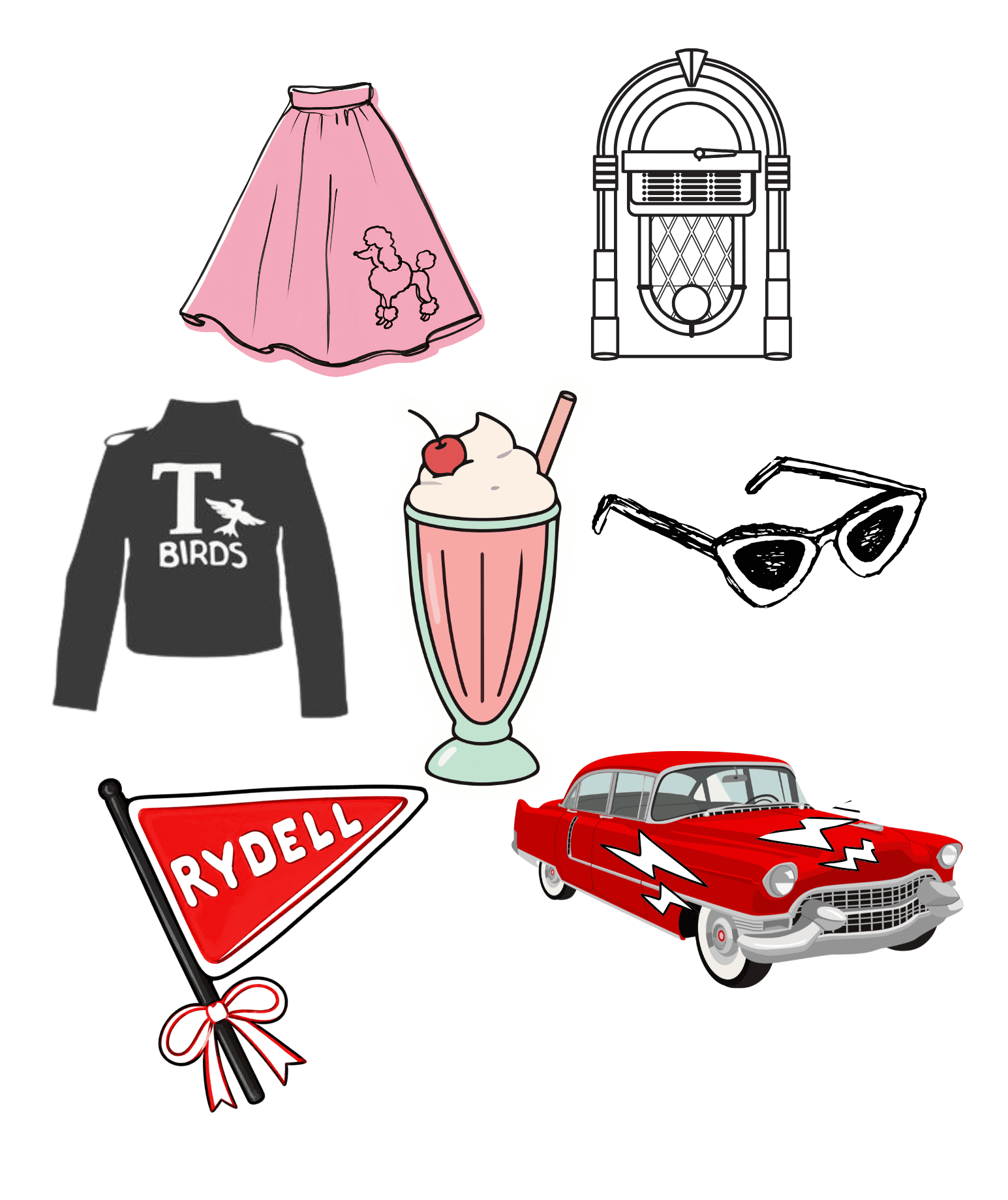 Collection of Grease-themed items including a pink skirt, jukebox, sunglasses, Rydell High flag, and a vintage red car for cake decorating.