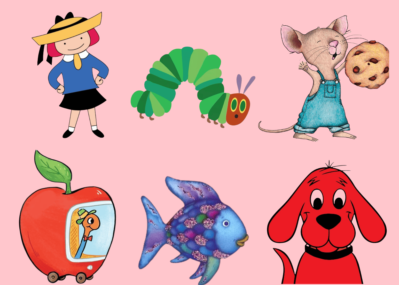 Colorful cartoon characters including a girl, caterpillar, mouse, apple with worm, fish, and dog, related to nostalgic book cookies and cake decorating.