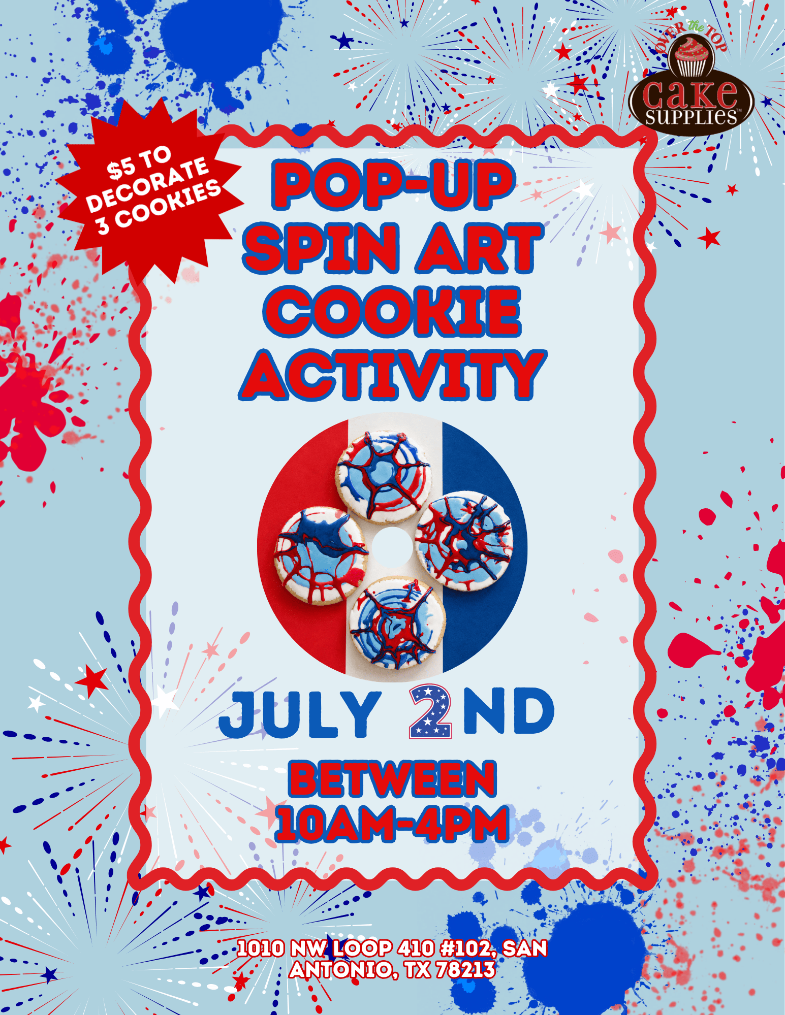 Flyer for pop-up spin art cookie activity on July 2nd, 2023, with details about decorating cookies and event timing.