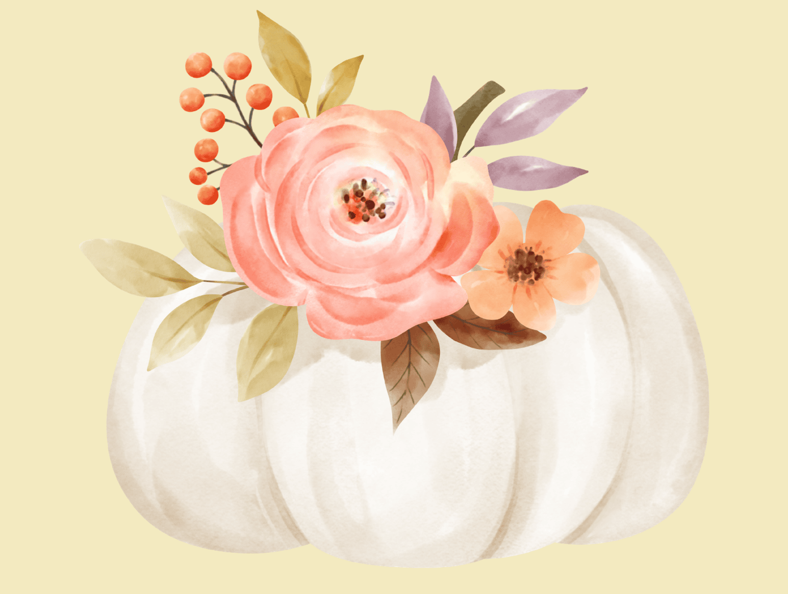 Watercolor pumpkin with pink and orange flowers and leaves, perfect for fall-themed cake decorations.