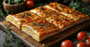 Freshly baked tomato and herb puff pastry tart on a rustic wooden board, garnished with herbs and cherry tomatoes, perfect for baking enthusiasts.