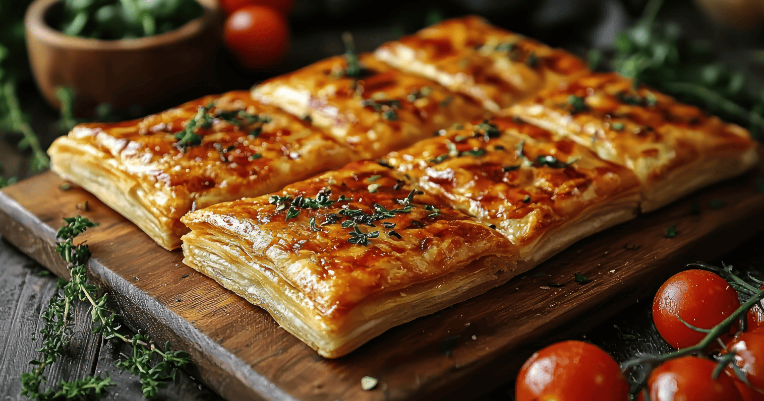 Freshly baked tomato and herb puff pastry tart on a rustic wooden board, garnished with herbs and cherry tomatoes, perfect for baking enthusiasts.