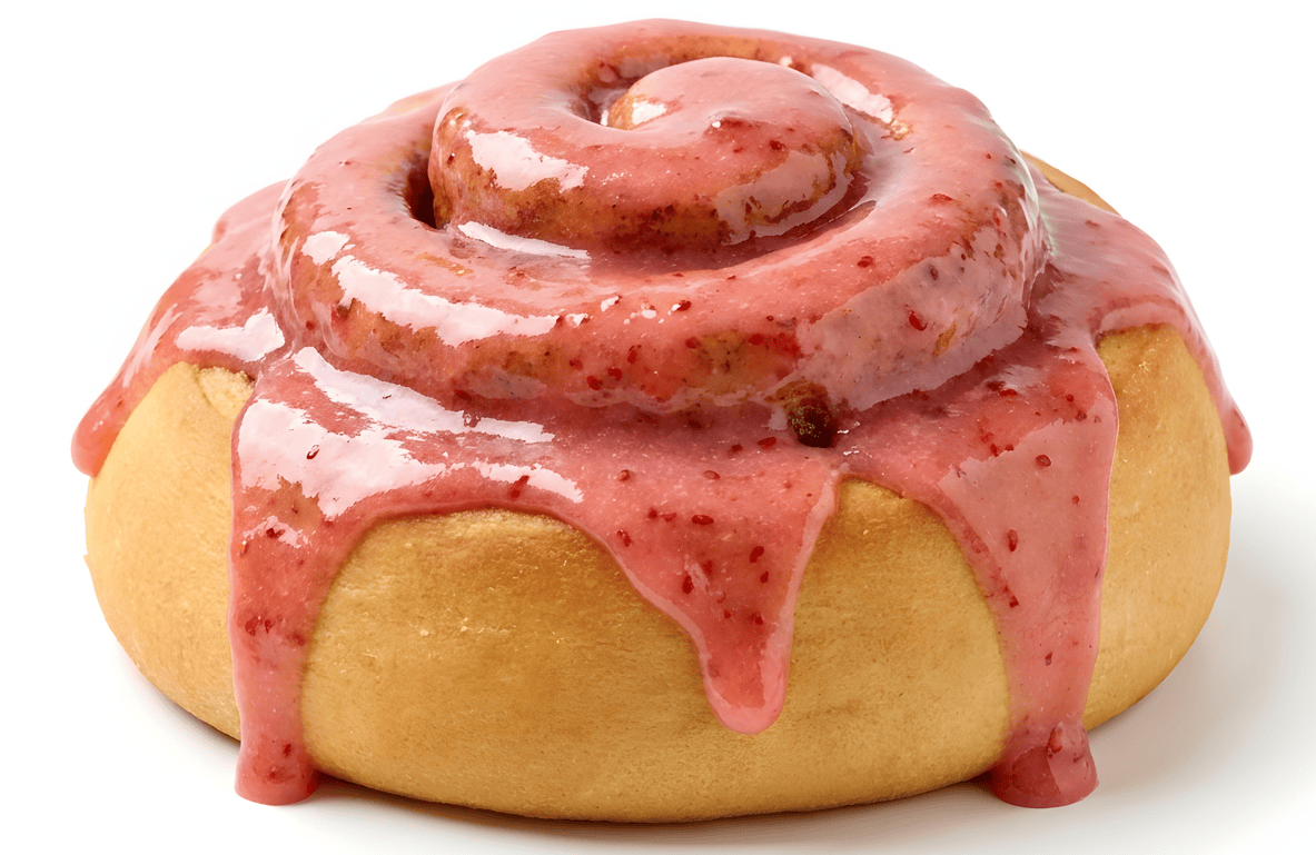 Fresh cinnamon roll topped with strawberry glaze, showcasing a soft, golden-brown pastry with a sweet, fruity topping. Perfect for bakery and cake decorating supplies.