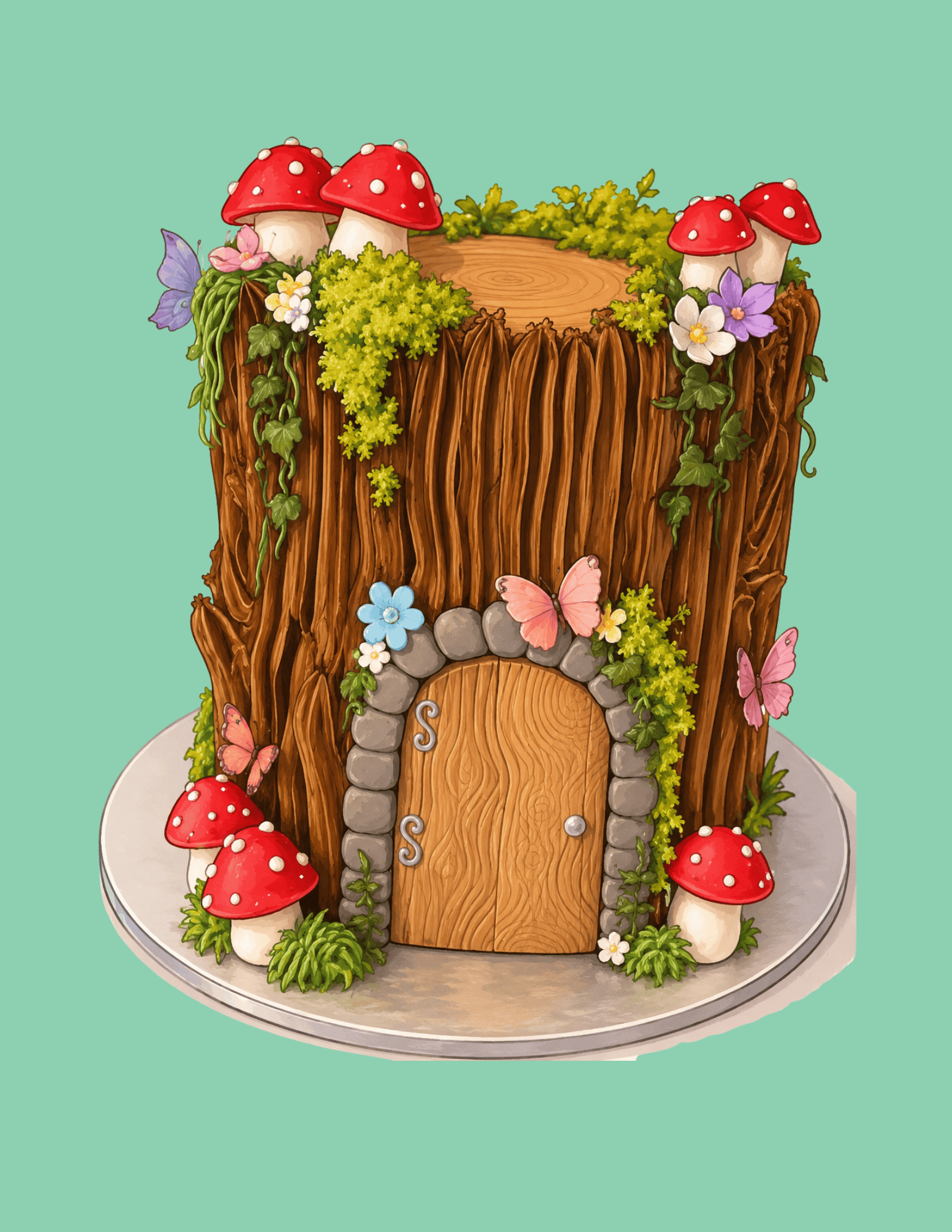 Decorative cake designed as a whimsical woodland fairy tree with mushrooms, butterflies, and flowers for a fairy-themed celebration.