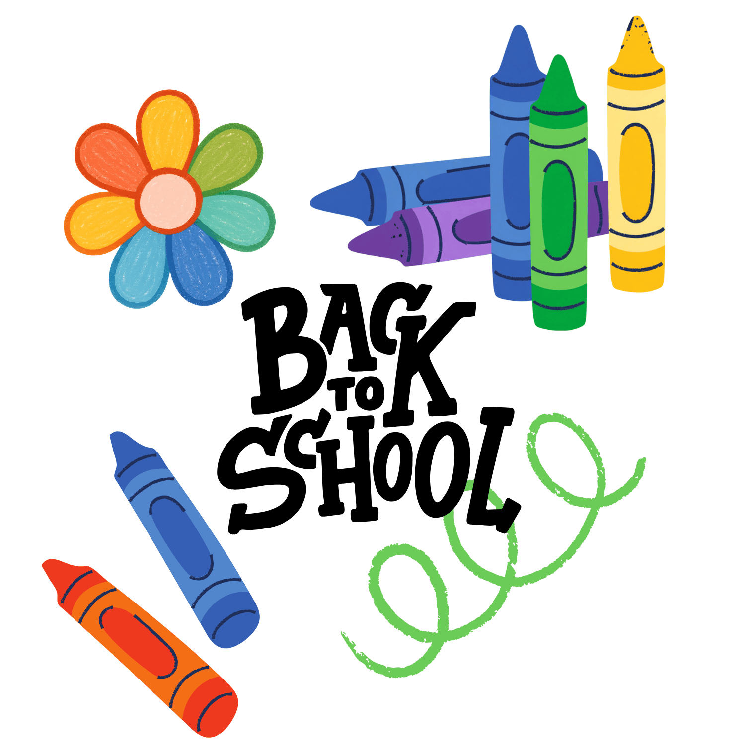 Colorful crayons and a flower with the text 'Back to School' for cake decoration.
