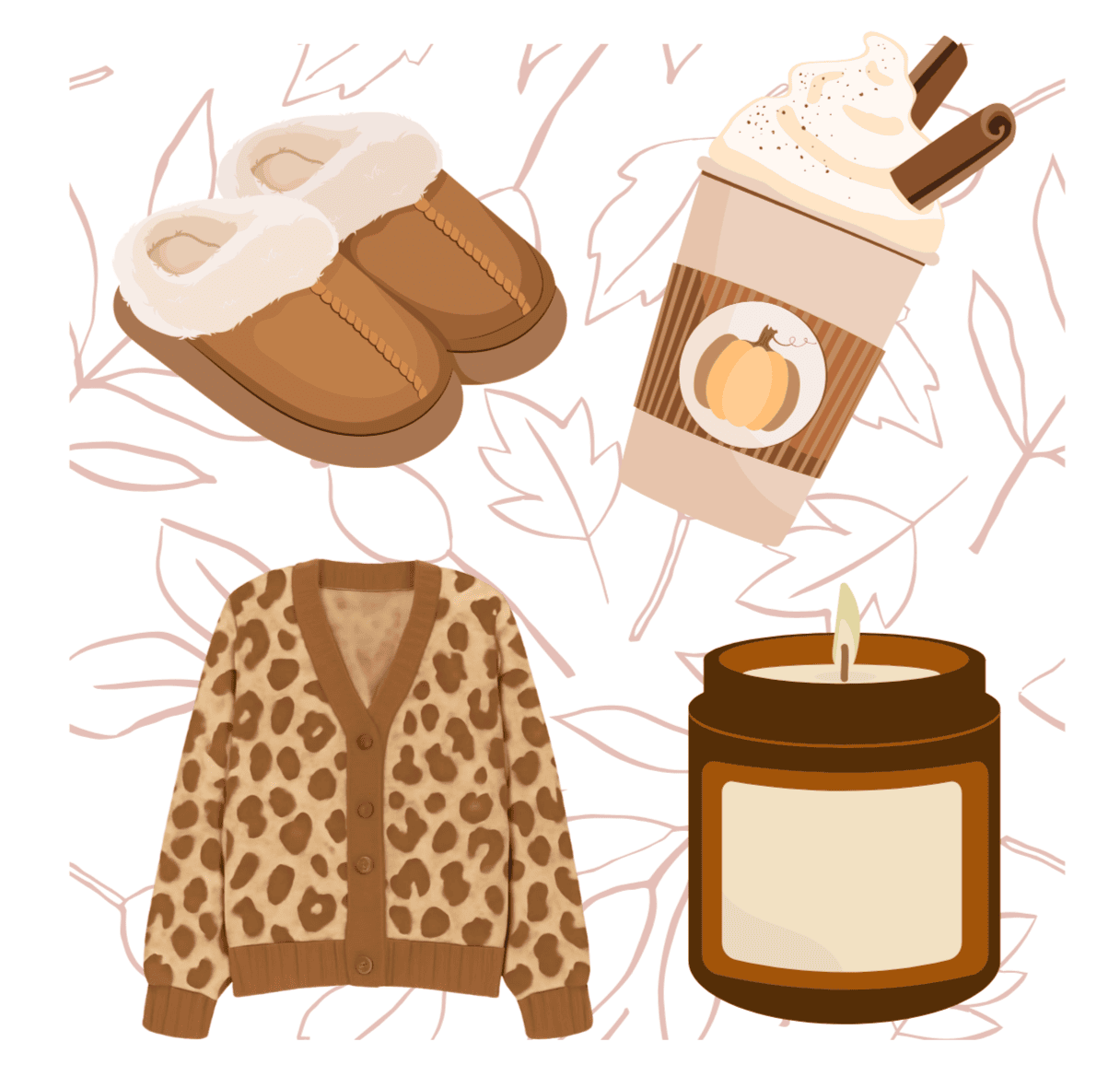 Cozy fall-themed items including slippers, a pumpkin spice latte, a leopard print cardigan, and a candle, perfect for autumn comfort and baking.
