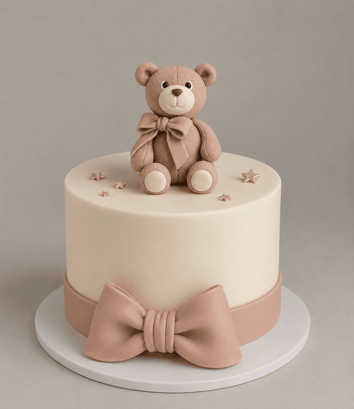 Decorative fondant bear with bow cake topper for cake decorating, perfect for beginner fondant cake designs.