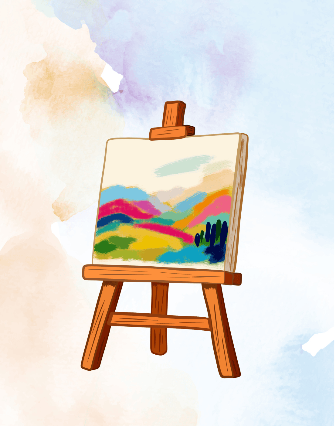 Vibrant landscape artwork on an easel, featuring colorful hills and sky, perfect for cake decorating inspiration and artistic cake designs.