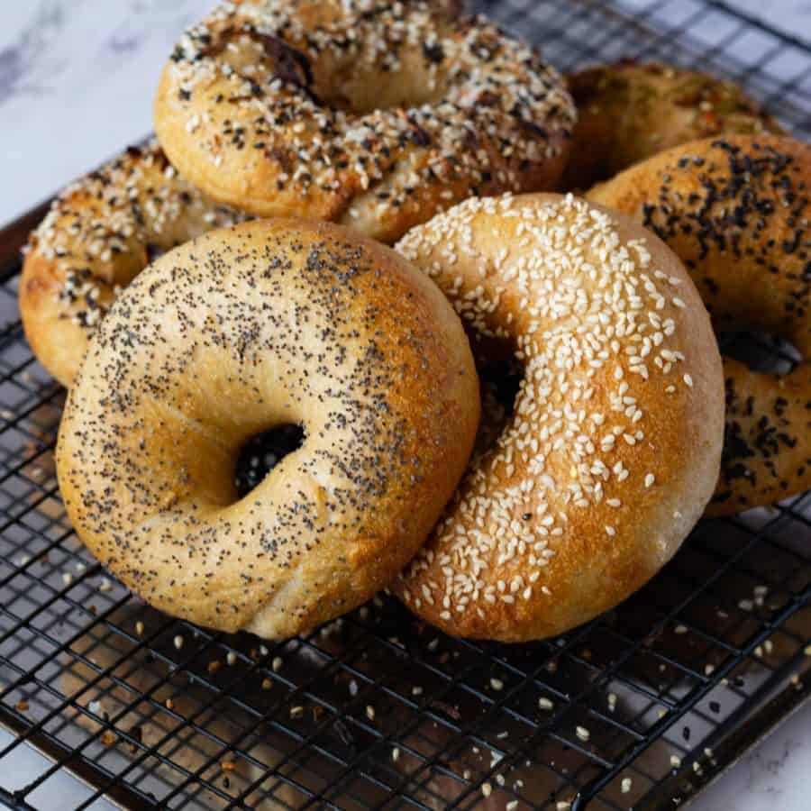Freshly baked assorted bagels with sesame, poppy seeds, and coarse salt on a cooling rack, perfect for bakery or cafe display.