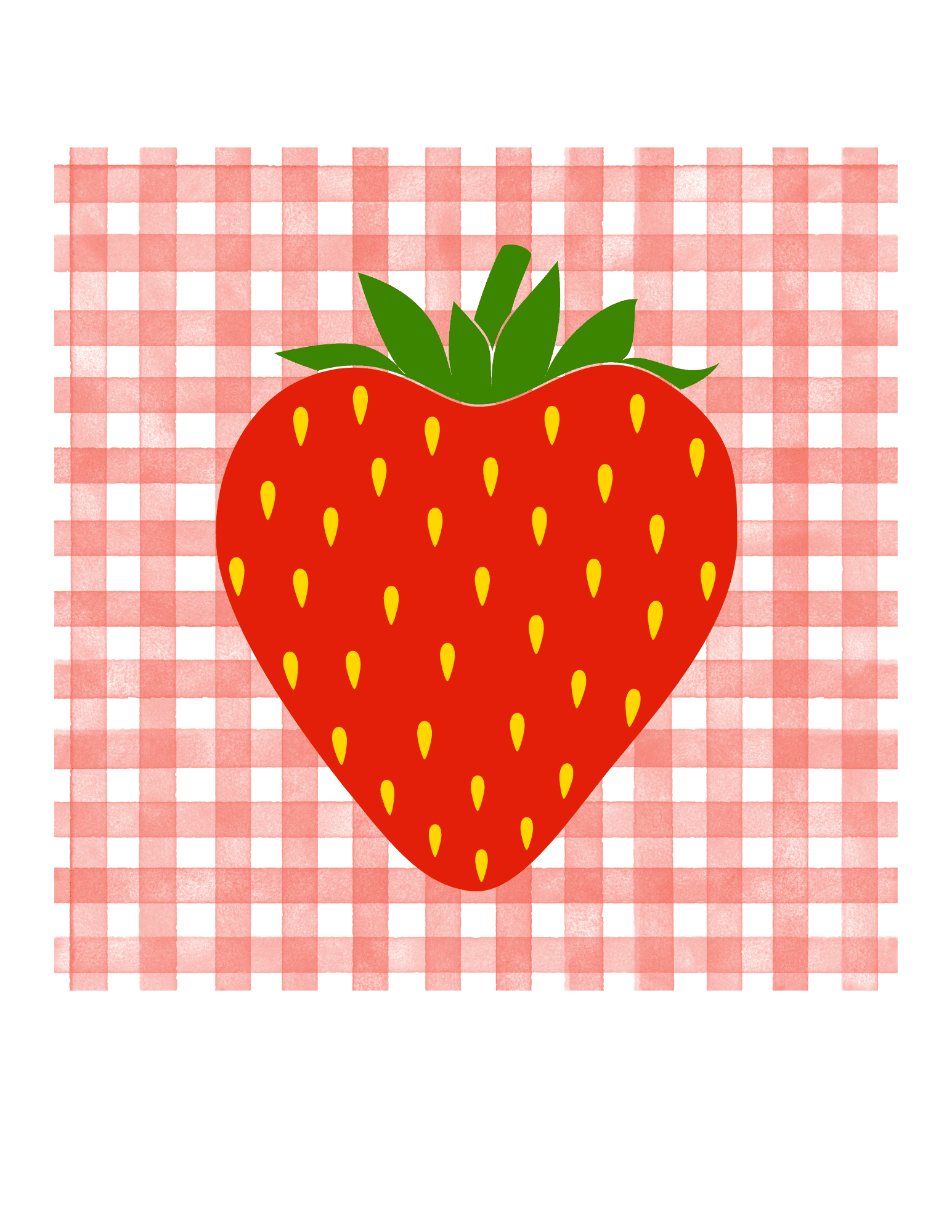 Bright red strawberry with green leaves on a pink checkered background, ideal for cake decorating themes.