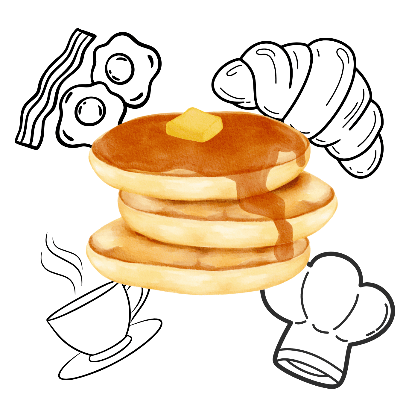Stack of pancakes with butter, surrounded by breakfast items like bacon, croissant, and coffee, in a digital illustration style.