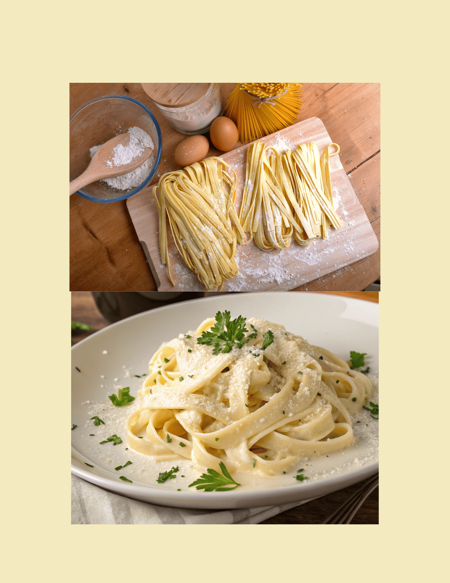 Freshly made pasta with eggs, flour, and cooking ingredients on a wooden surface, ready for cooking.